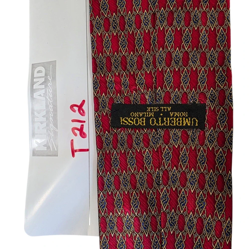 Umberto Bossi Mens Necktie One Size Red Silk Classic Slim Argyle Pattern Formal‎